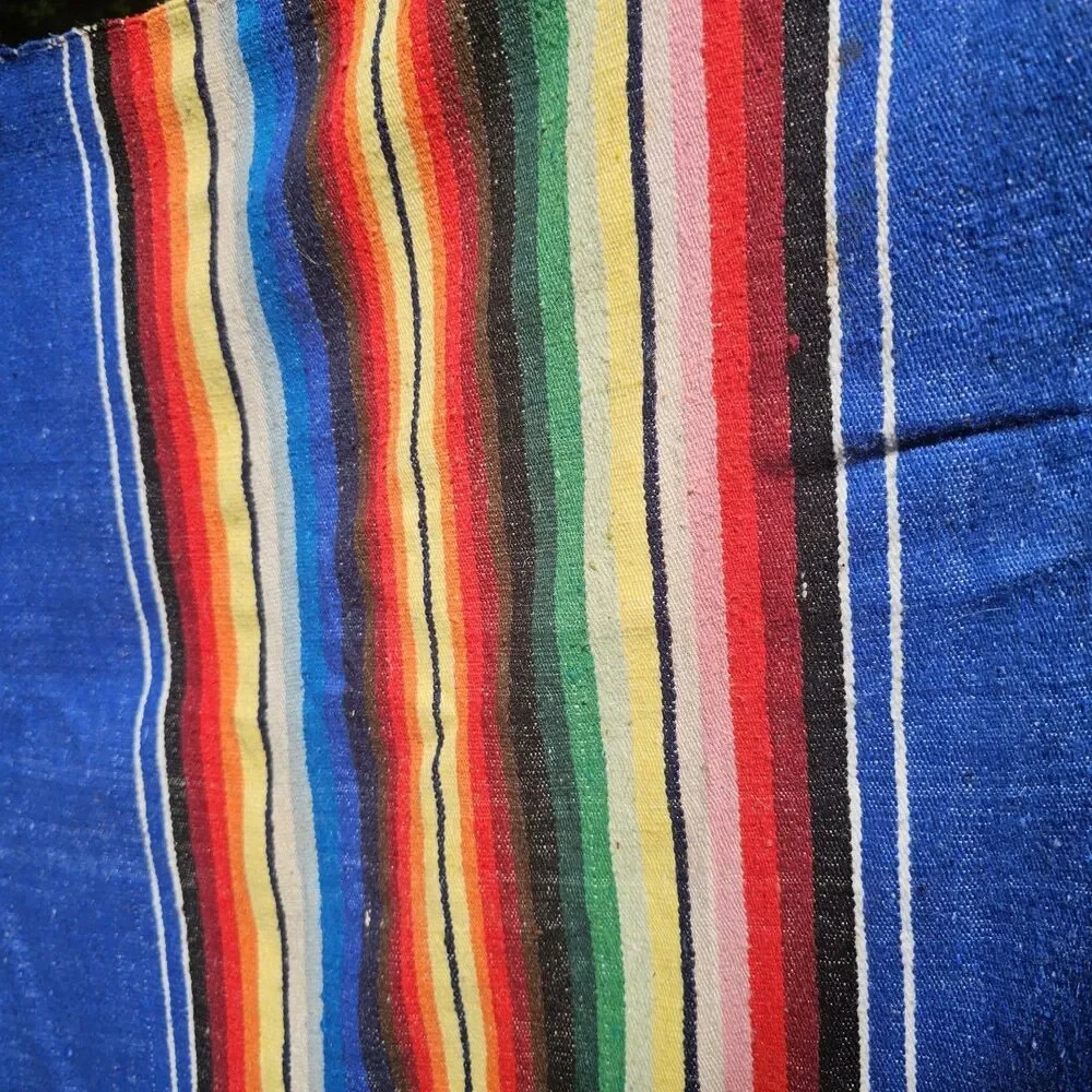 Vintage Handmade Mexican Serape Wool Blanket – Blue Multicolor Stripes, 45x80